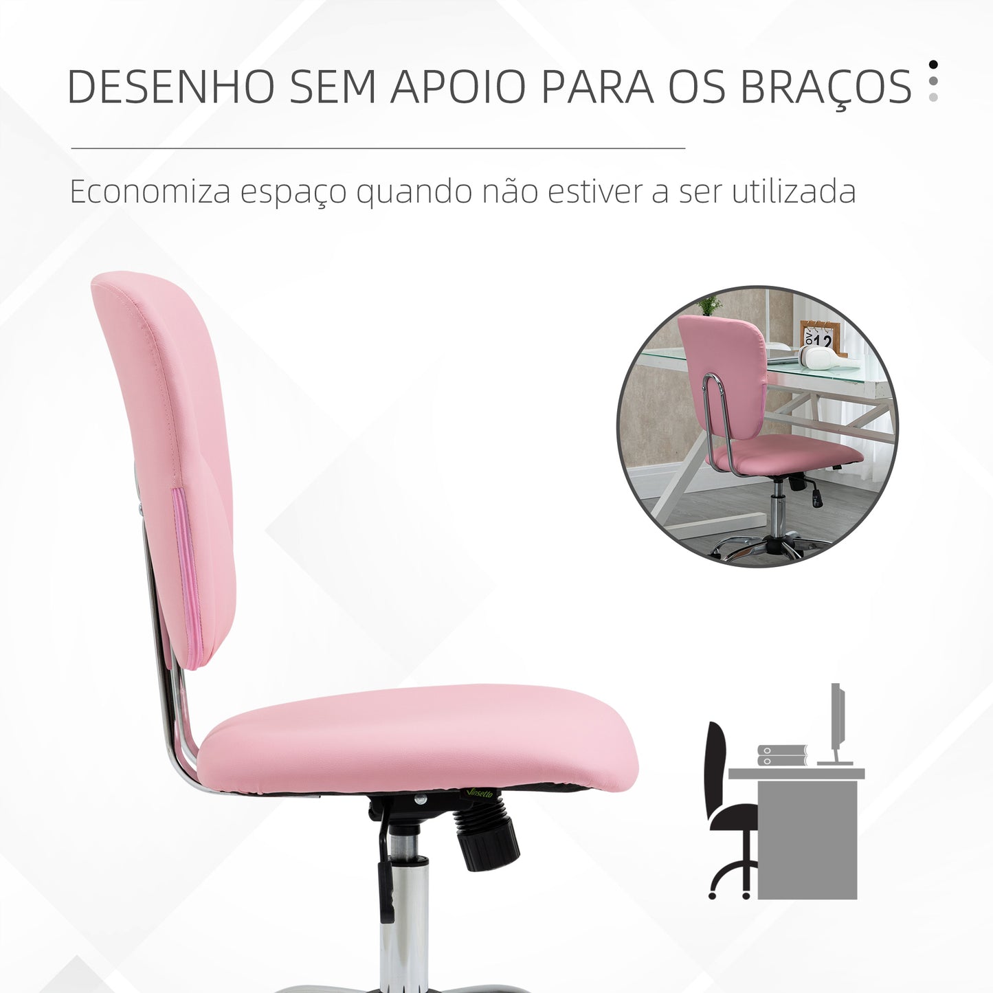 Vinsetto Cadeira de Escritório Cadeira de Escritório Giratória de Couro PU com Altura Ajustável e Função Basculante para Estúdio Dormitório Carga Máxima 120 kg 50x54x87,5-96,5 cm Rosa