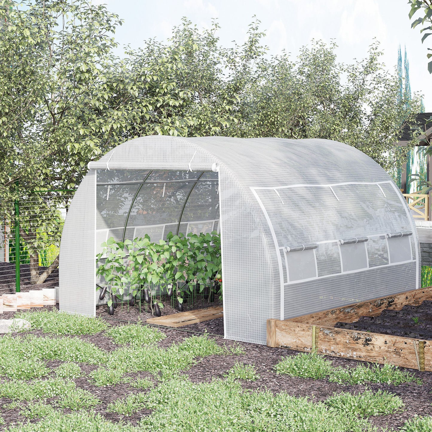 Outsunny Estufa Tipo Túnel 3x3x2m Estufa de Jardim com Porta Enrolável 6 Janelas Cobertura de PE 140g/m² e Metal Galvanizado para Cultivos de Plantas Verduras Branco