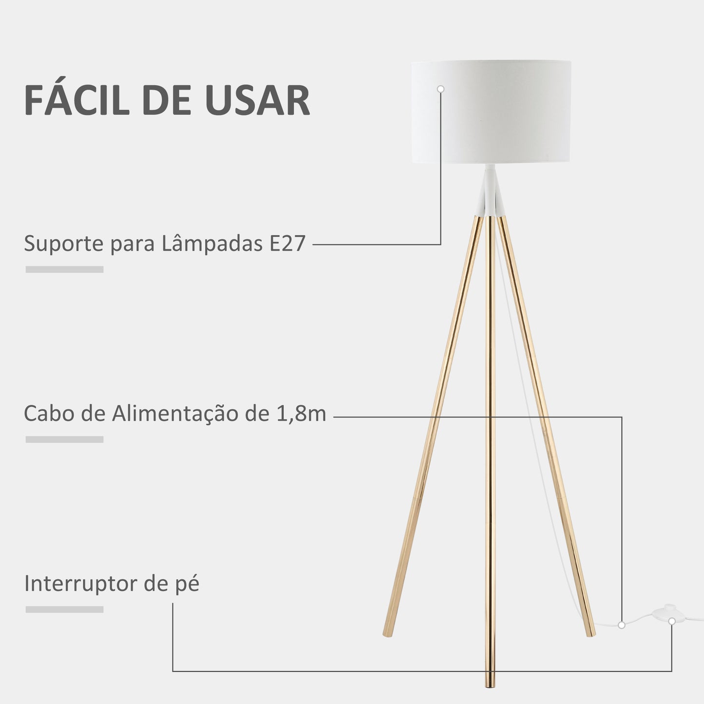 HOMCOM Candeeiro de Pé com Tripé de Metal Suporte para Lâmpadas E27 Máx. 40W Ecrã de Tecido e Interruptor de Pé Candeeiro de Pé Moderno para Sala de Estar Dormitório Ø53x144cm Branco e Dourado