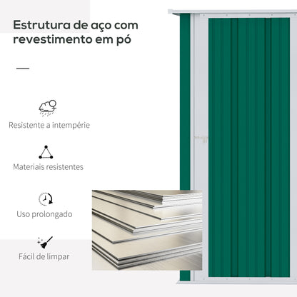 Outsunny Abrigo de Jardim 142x84x189cm Abrigo de Jardim de Aço Galvanizado com Porta Fechadura e Orifícios de Drenagem para Armazenamento de Ferramentas Verde