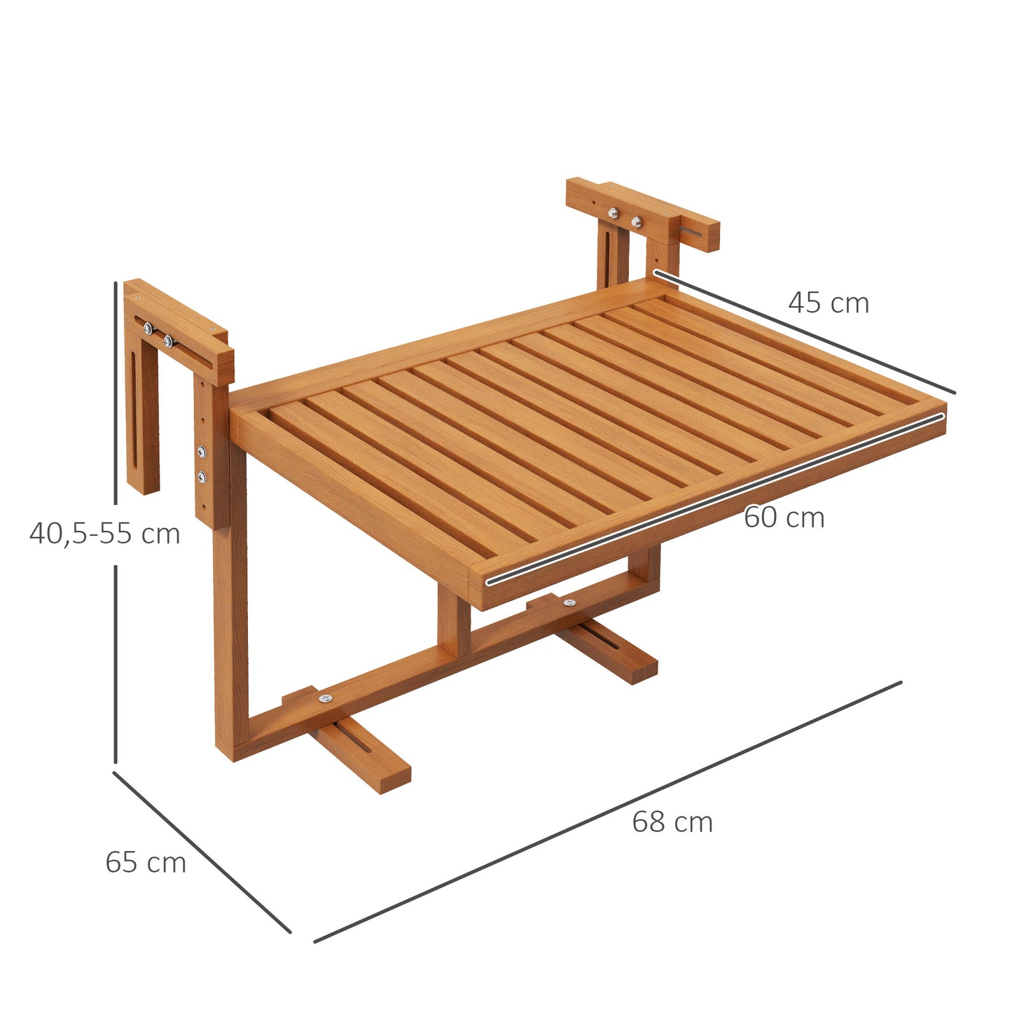 Outsunny Mesa Suspensa para Varanda Mesa de Varanda Dobrável em Madeira com Altura Ajustável em 4 Níveis Capacidade 20 kg para Terraço 68x65x40,5-55 cm Natural