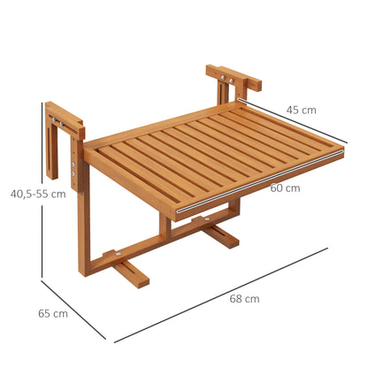 Outsunny Mesa Suspensa para Varanda Mesa de Varanda Dobrável em Madeira com Altura Ajustável em 4 Níveis Capacidade 20 kg para Terraço 68x65x40,5-55 cm Natural