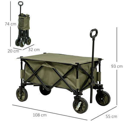 Outsunny Carrinho Dobrável de com Rodas Carrinho para Praia com Guiador Telescópico Bancada Dobrável 5 Bolsas de Armazenamento Estrutura de Aço e Tecido de Oxford 108x55x93cm Verde Escuro