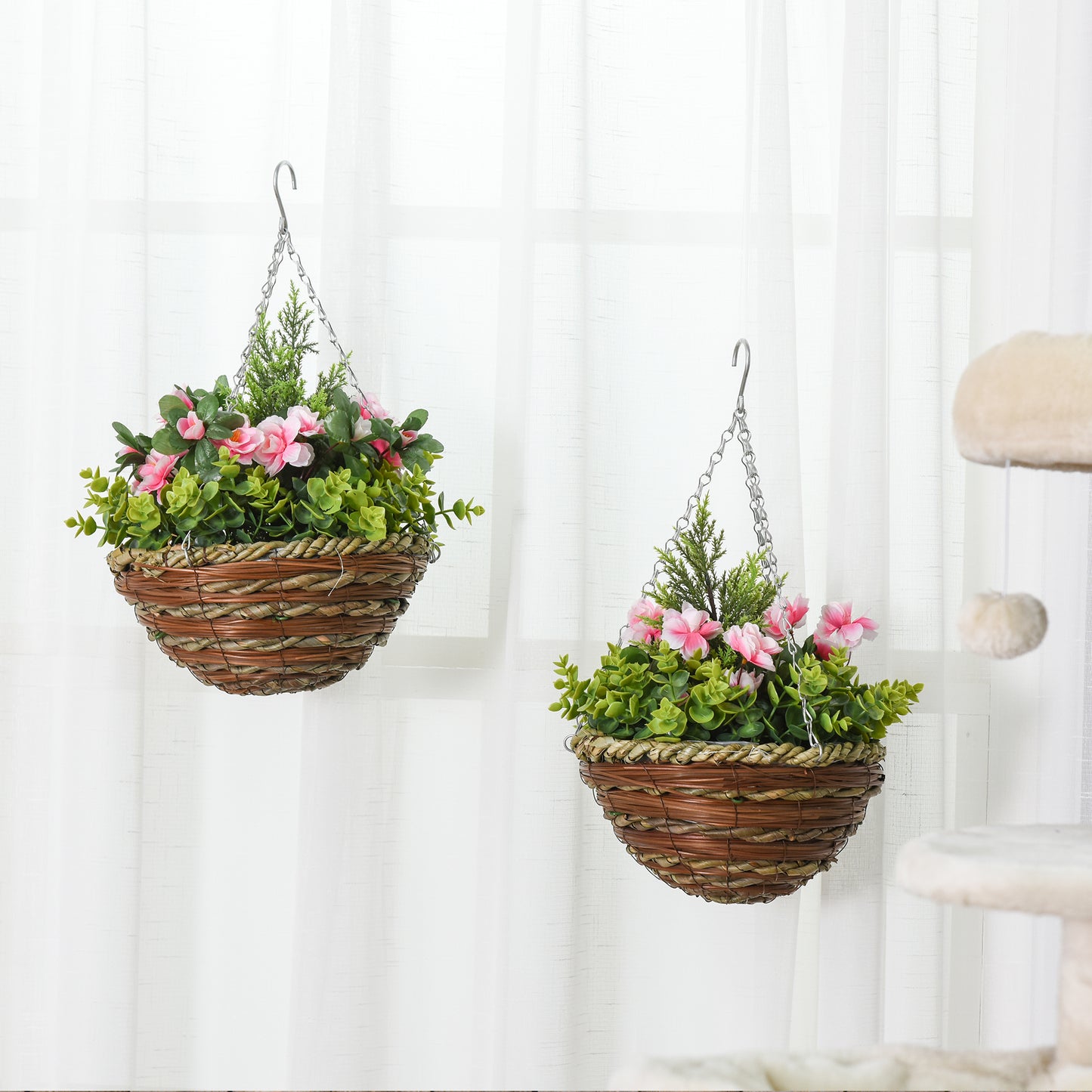 Outsunny Conjunto de 2 Plantas Lisianthus Suspensas Artificiais para Interior e Exterior com Vaso e Vime e Correia Ø25x34 cm Rosa e Verde