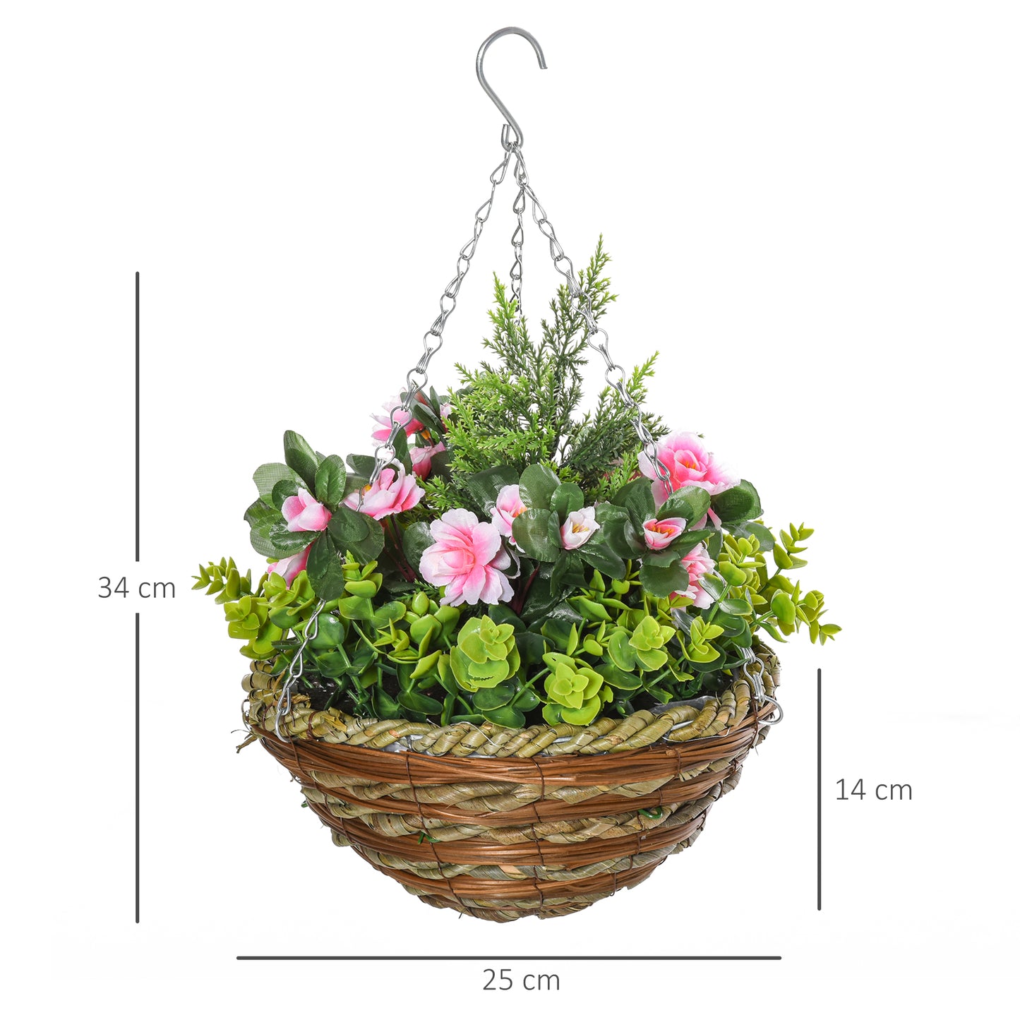 Outsunny Conjunto de 2 Plantas Lisianthus Suspensas Artificiais para Interior e Exterior com Vaso e Vime e Correia Ø25x34 cm Rosa e Verde