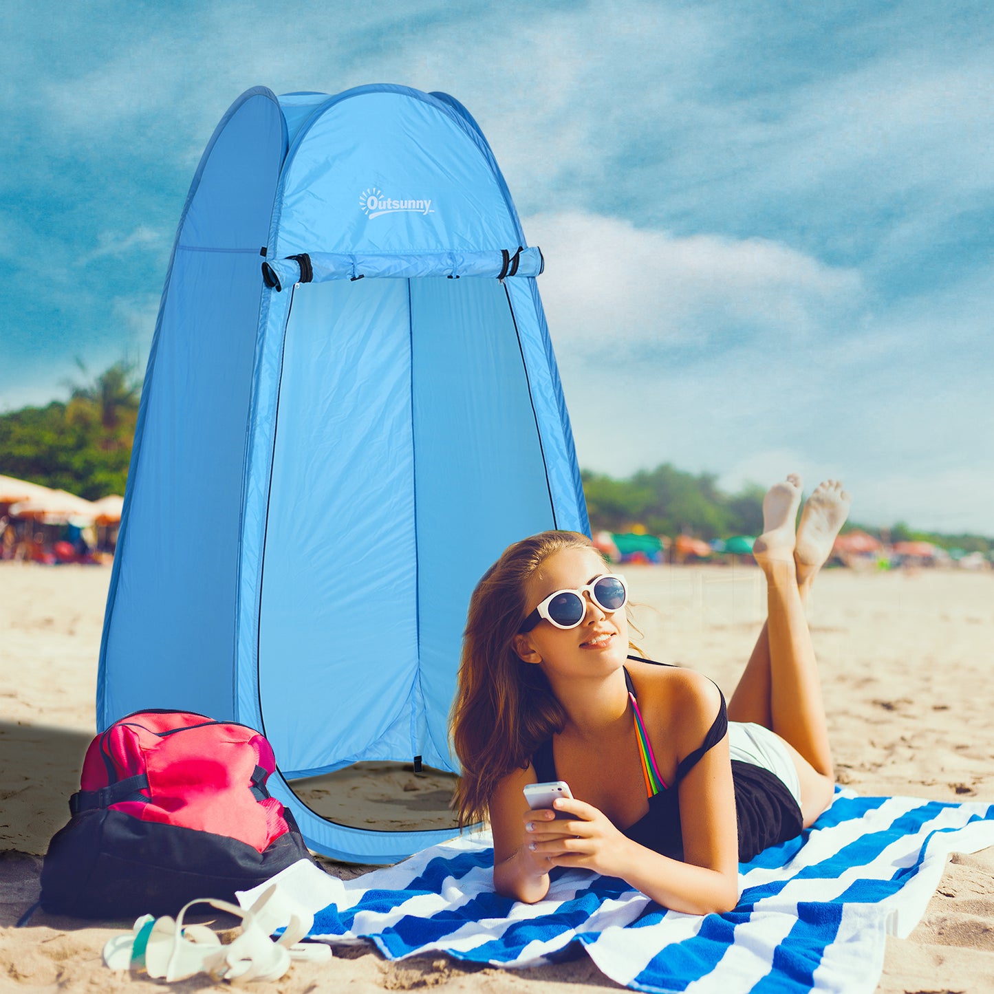 Outsunny Tenda de Duche para Campismo Dobrável Pop UP Tenda de Privacidade com proteção UV e Tecido Impermeável 100x100x185cm Azul