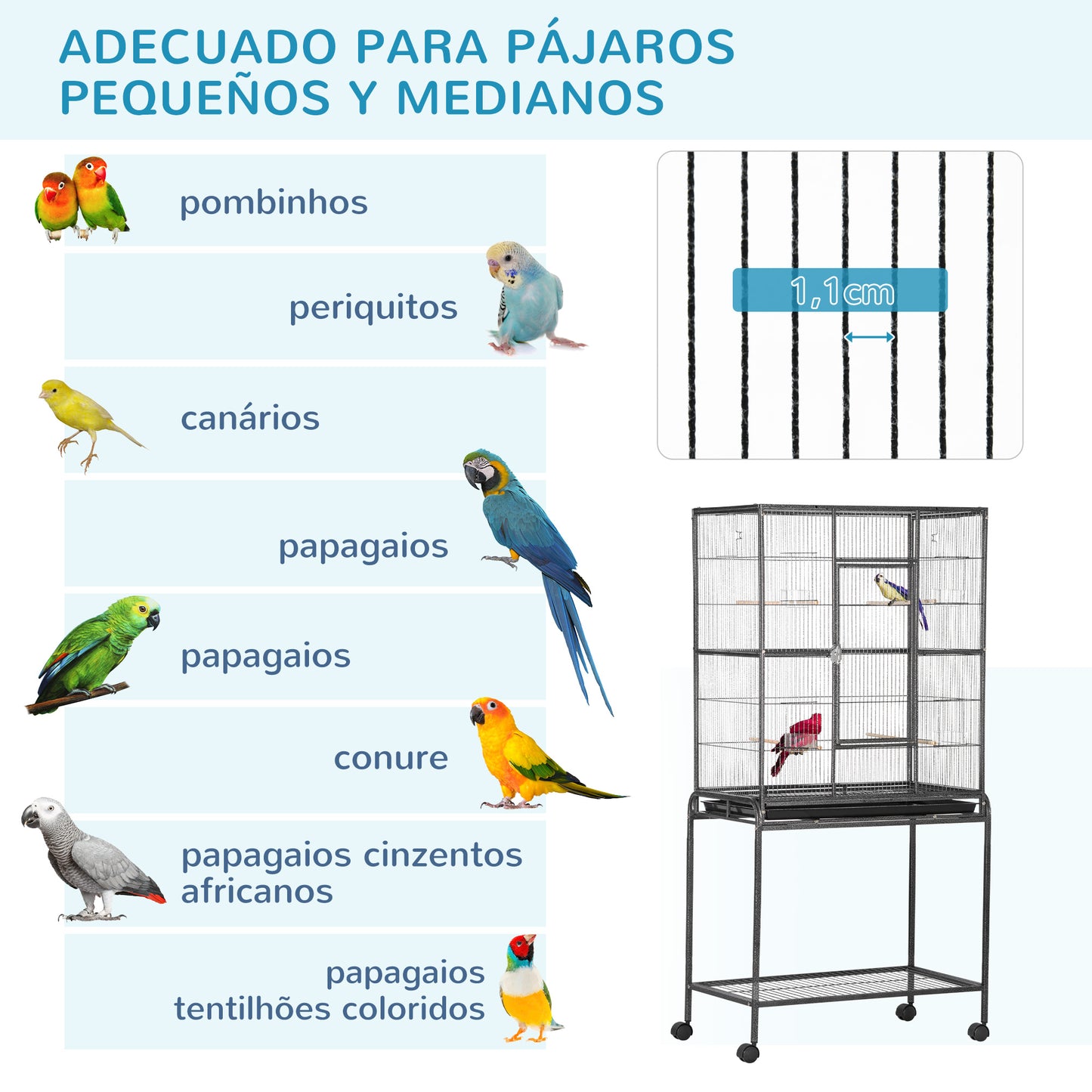 PawHut Gaiola para Pássaros com Rodas 81x48x162,5 cm Gaiola de Metal com Bandeja 4 Poleiros 4 Comedouros e Prateleira de Armazenamento para Canários Periquitos Preto e Cinza