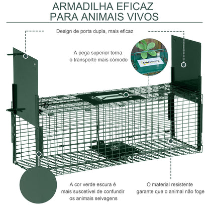 Outsunny Armadilha para Animais Vivos 60x18x20 cm com Porta Gaiola de Captura com Alça de Transporte para Coelhos Raposas Pequenas Verde Escuro