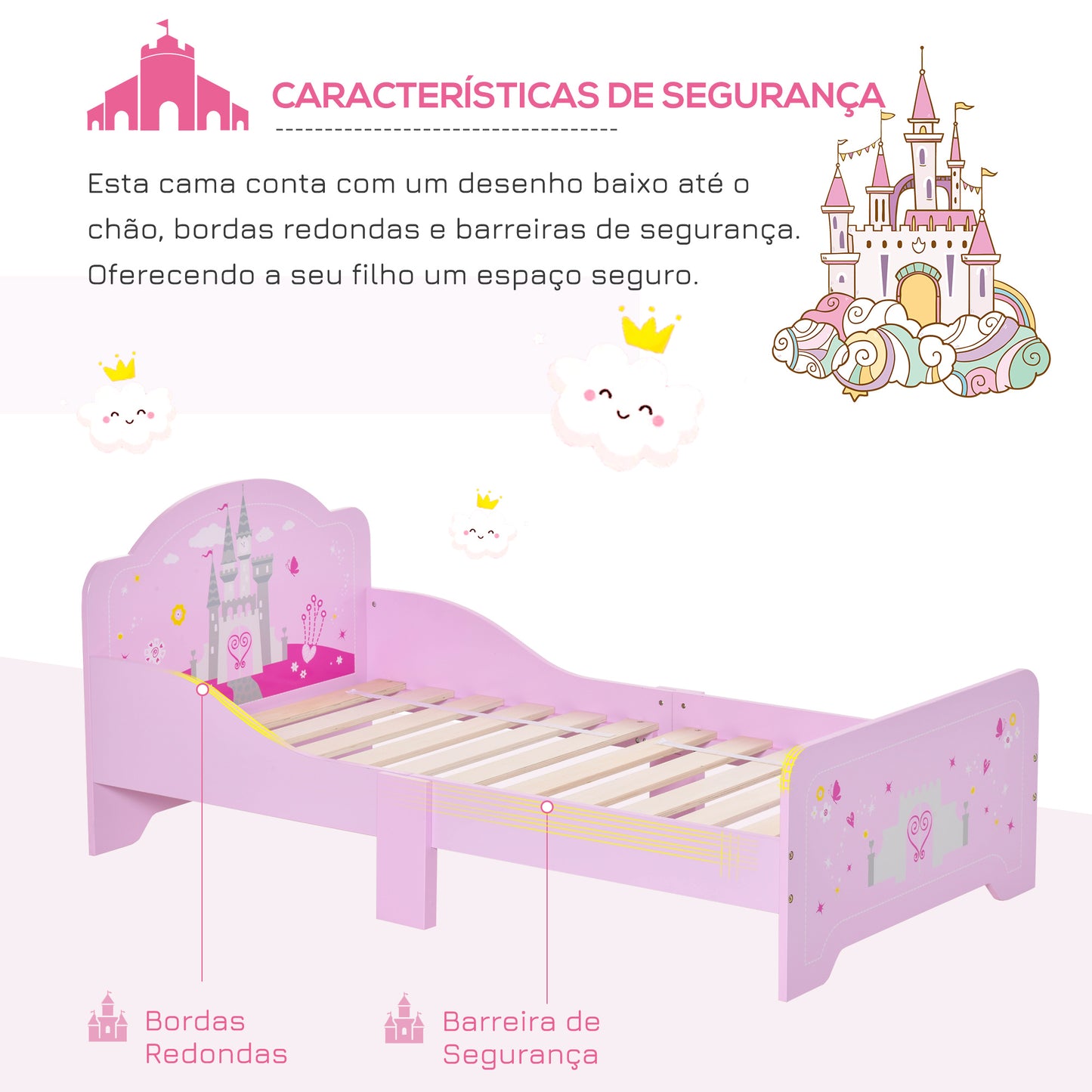 HOMCOM Cama Infantil acima de 3 Anos Cama para Crianças de Madeira com Barreira de Proteção Carga Máx. 50kg 143x73x60cm Rosa