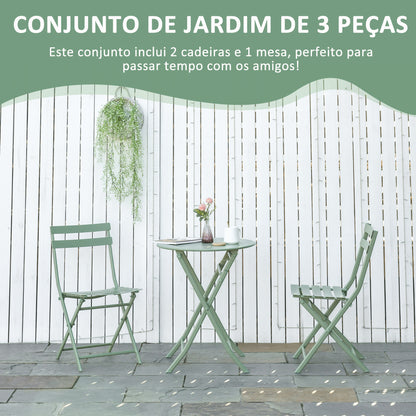 Outsunny Conjunto de Móveis de Jardim Dobráveis Conjunto de 1 Mesa Redonda e 2 Cadeiras de Varanda com Estrutura de Aço para Pátio Verde Escuro