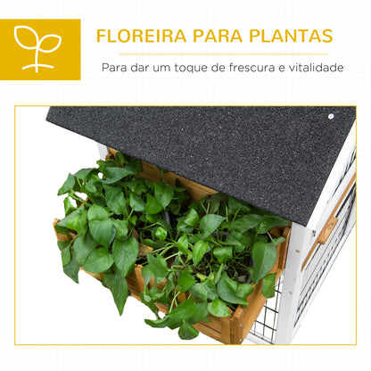 PawHut Coelheira de Madeira de Exterior Gaiola para Coelhos de 2 Níveis com Teto Asfáltico Cerca de Metal Floreira para Cultivo Bandeja Removível Portas e Rampa 123x58x106cm Madeira