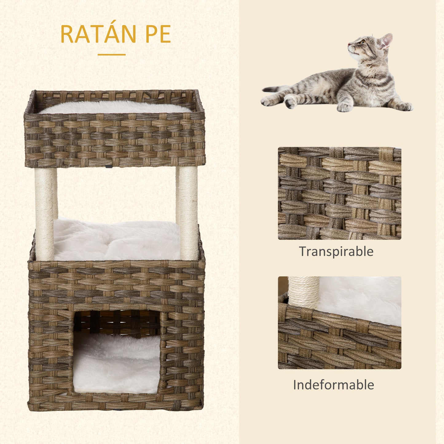 PawHut Árvore Arranhadora para Gatos de Vime Torre para Gatos Médios com Caverna 2 Camas Postes de Sisal Natural e Almofadas Laváveis de Pélucia Suave 40x40x70cm Marrom