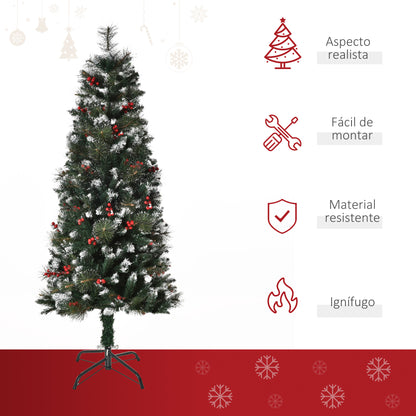 HOMCOM Árvore de Natal Artificial 150cm Ignífugo com 360 Ramos 38 Bagas Folhas de PVC Base Dobrável e Suporte Metálico Decoração de Natal para Interiores Verde