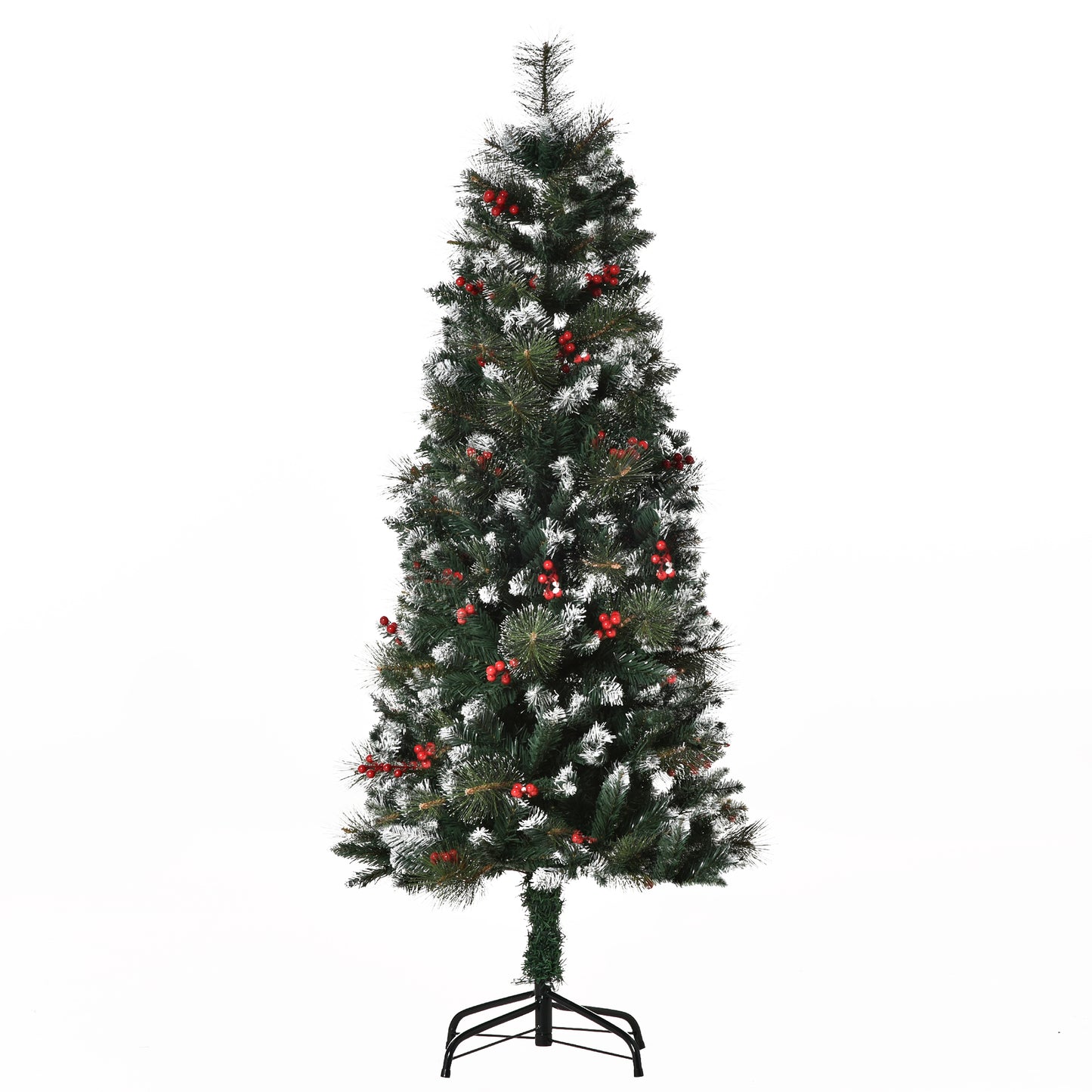 HOMCOM Árvore de Natal Artificial 150cm Ignífugo com 360 Ramos 38 Bagas Folhas de PVC Base Dobrável e Suporte Metálico Decoração de Natal para Interiores Verde