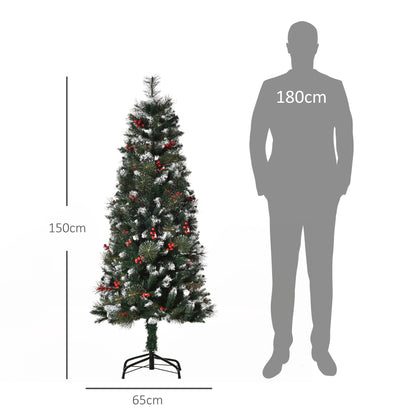 HOMCOM Árvore de Natal Artificial 150cm Ignífugo com 360 Ramos 38 Bagas Folhas de PVC Base Dobrável e Suporte Metálico Decoração de Natal para Interiores Verde