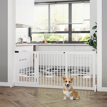 PawHut Barreira de Segurança Extensível para Cães Grade de Proteção para Escadas e Portas 113-166cm 3 Peças com Estrutura de Madeira e Suporte de Pé 113-166x36x71cm Branco