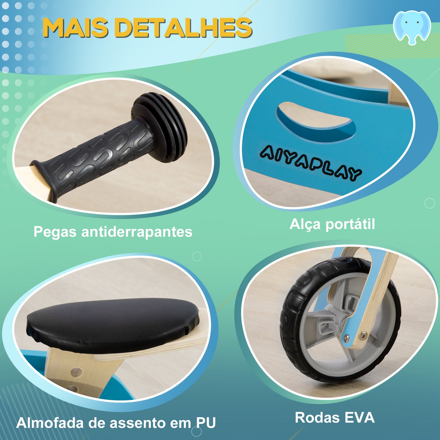 AIYAPLAY Bicicleta sem Pedais de Madeira 2 em 1 para Crianças acima de 18 Meses Triciclo Infantil com Assento Ajustável de 22-26cm Carga Máxima 20kg Estilo Elefante 60x38x38cm Azul