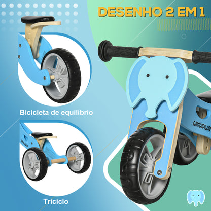 AIYAPLAY Bicicleta sem Pedais de Madeira 2 em 1 para Crianças acima de 18 Meses Triciclo Infantil com Assento Ajustável de 22-26cm Carga Máxima 20kg Estilo Elefante 60x38x38cm Azul