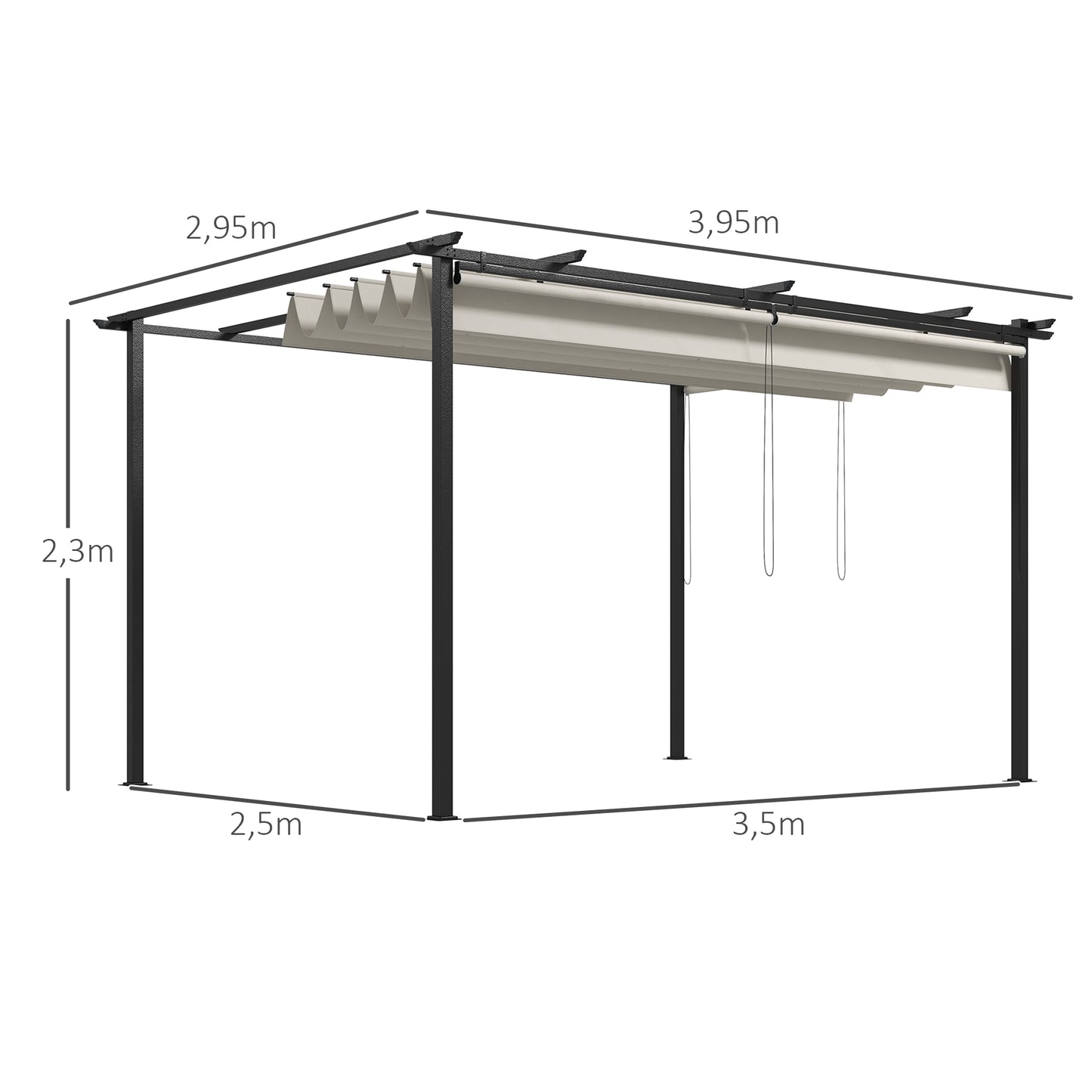 Outsunny Pérgola de Jardim 3,95x2,95 cm Pérgola para Exterior com Teto Retrátil 4 Cortinas Enroláveis de Poliéster e Estrutura de Metal para Pátio Varanda Creme