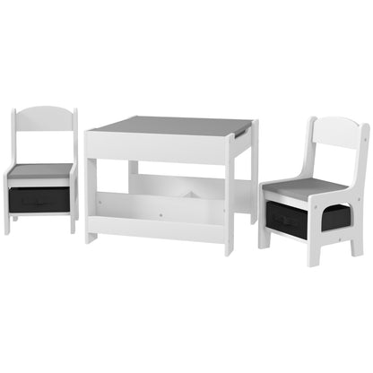 Conjunto de Mesa e 2 Cadeiras Infantis Mesa com Cadeiras para Crianças 2 em 1 com Ardósia Gavetas de Tecido e Espaço de Armazenamento para Quarto Sala de Jogos Cinza