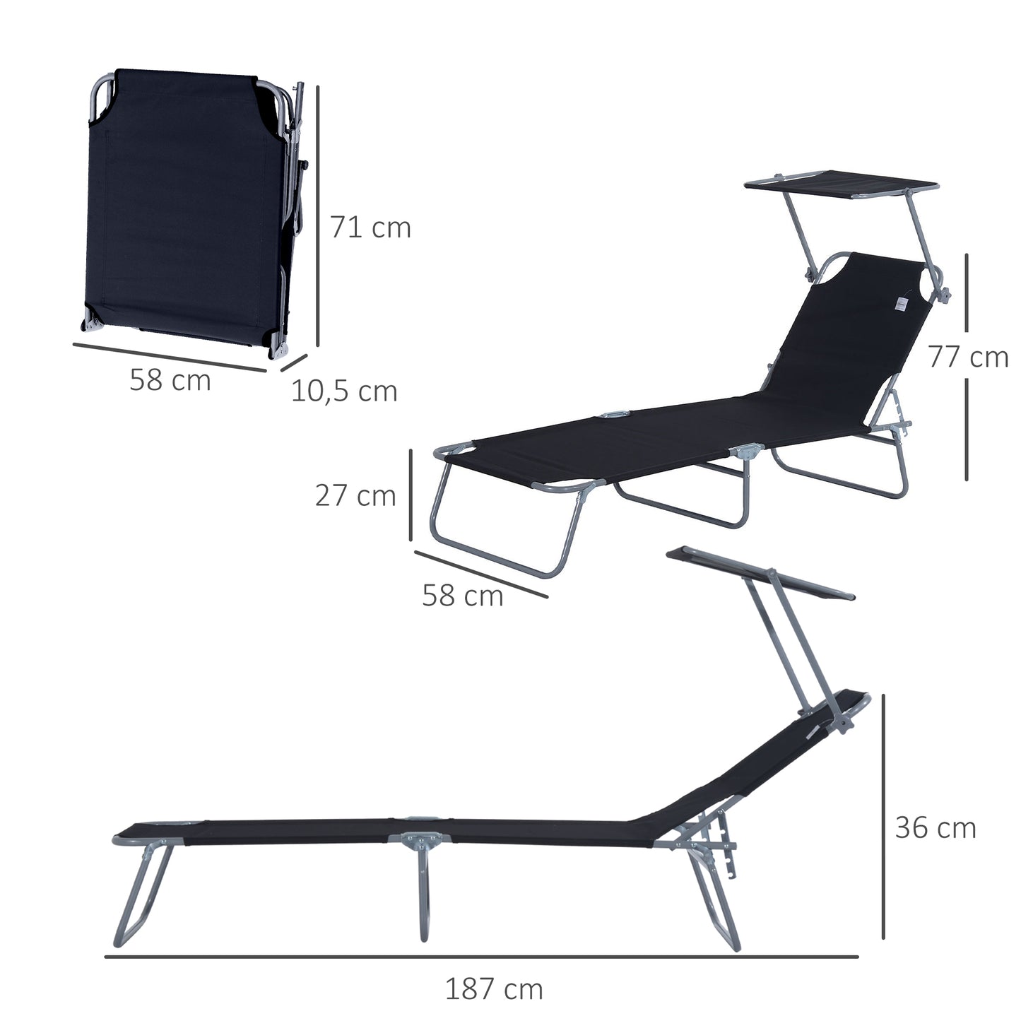 Outsunny Espreguiçadeira de Jardim Dobrável com Toldo Removível e Ajustável em Ângulo e Encosto Ajustável em 4 Posições para Jardim Terraço Campismo Exterior 187x58x36cm Preto