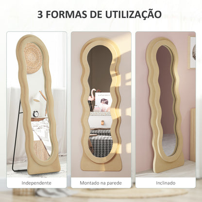 HOMCOM Espelho de Pé 50x160 cm Espelho de Corpo Inteiro ou de Parede com Desenho Assimétrico e Estrutura de Veludo para Sala de Estar Dormitório Bege