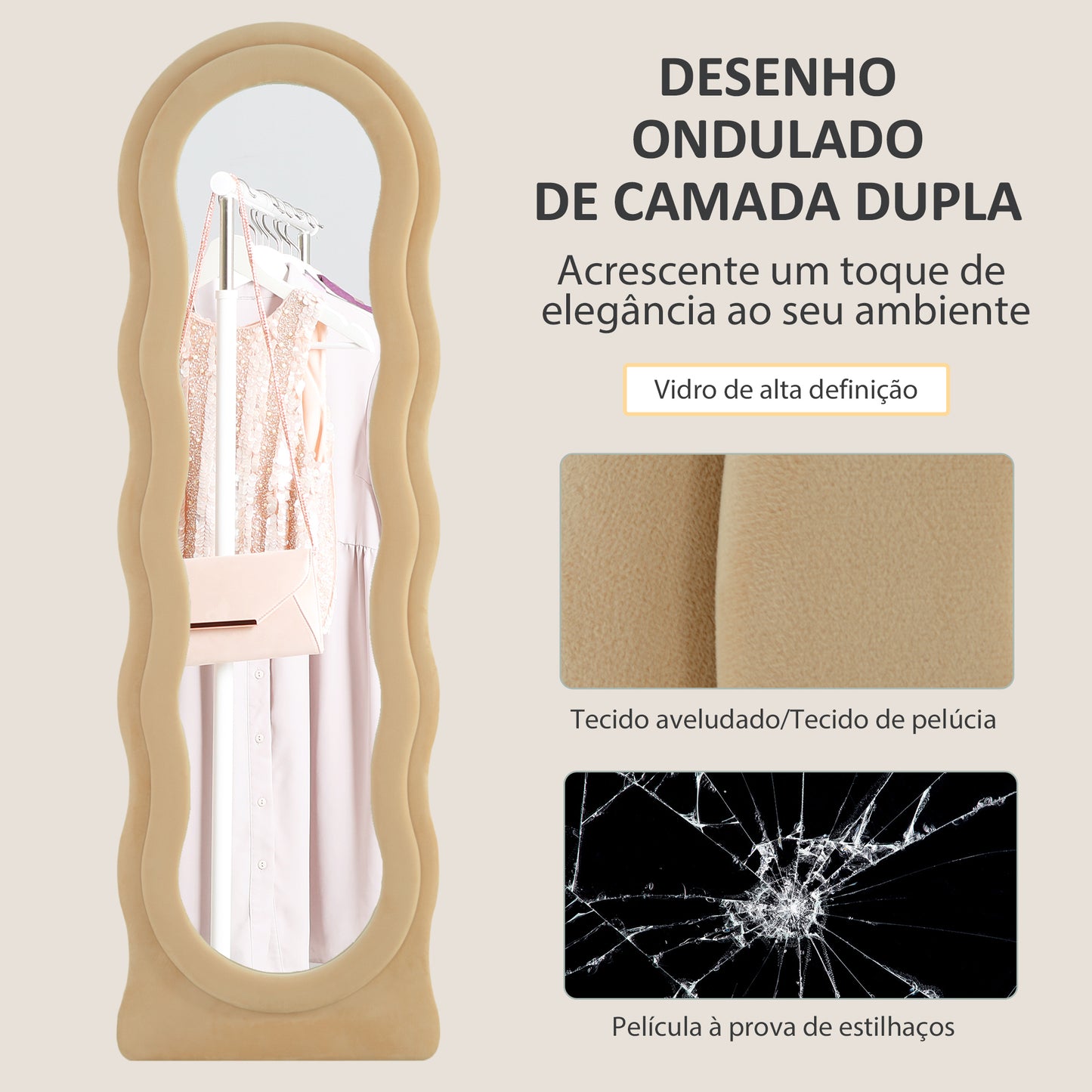 HOMCOM Espelho de Pé 50x160 cm Espelho de Corpo Inteiro ou de Parede com Desenho Assimétrico e Estrutura de Veludo para Sala de Estar Dormitório Bege