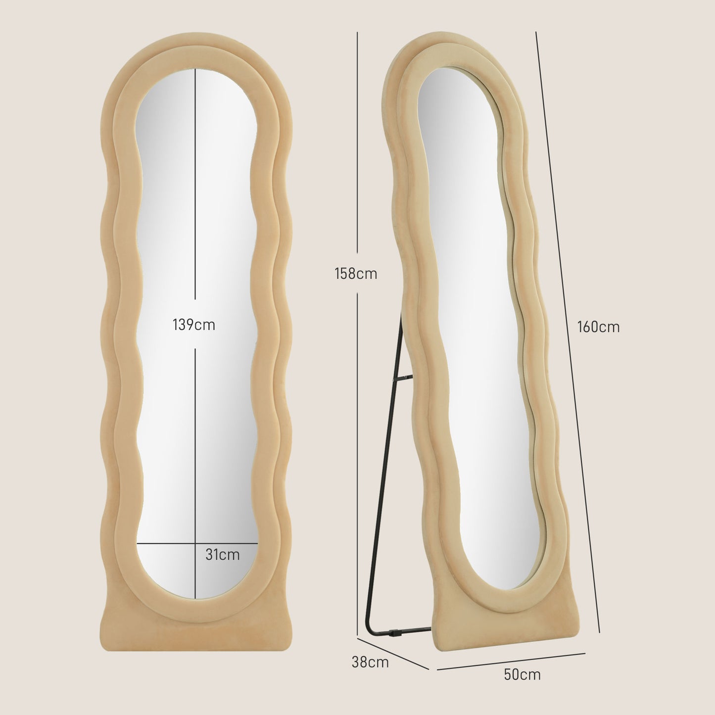 HOMCOM Espelho de Pé 50x160 cm Espelho de Corpo Inteiro ou de Parede com Desenho Assimétrico e Estrutura de Veludo para Sala de Estar Dormitório Bege