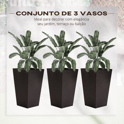 Outsunny Conjunto de 3 Vasos Quadrados para Plantas Flores 3 Vasos com Imitação de Vime para Jardim Terraço Interior e Exterior 36,5x36,5x61cm Marrom