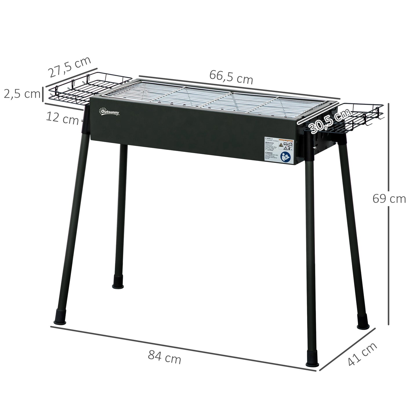 Outsunny Barbecue a Carvão com 2 Grelhas de Aço Inoxidável Barbecue Portátil com 2 Prateleiras para Temperos com Ganchos para Campismo Jardim 77x30x70 cm Preto