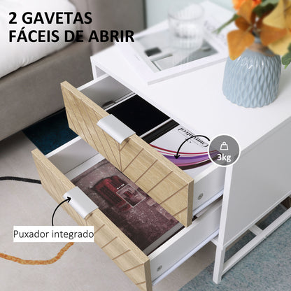 HOMCOM Mesa de Cabeceira com 2 Gavetas Mesa Auxiliar com Pés de Aço para Sala de Estar Dormitório 45x39x48cm Carvalho e Branco