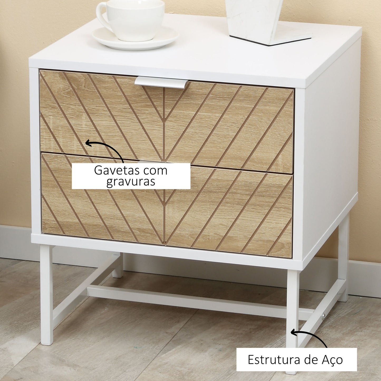 HOMCOM Mesa de Cabeceira com 2 Gavetas Mesa Auxiliar com Pés de Aço para Sala de Estar Dormitório 45x39x48cm Carvalho e Branco