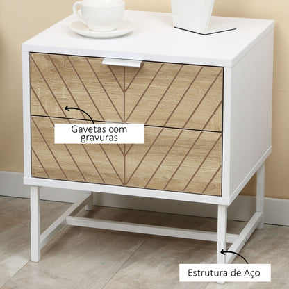 HOMCOM Mesa de Cabeceira com 2 Gavetas Mesa Auxiliar com Pés de Aço para Sala de Estar Dormitório 45x39x48cm Carvalho e Branco