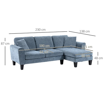 Sofá Chaise Longue Sofá de Canto Sofa Sala de Estar Reversível em Forma de L com 2 Almofadas Carga Máxima 200 kg 230x138x87 cm Cinza Azulado