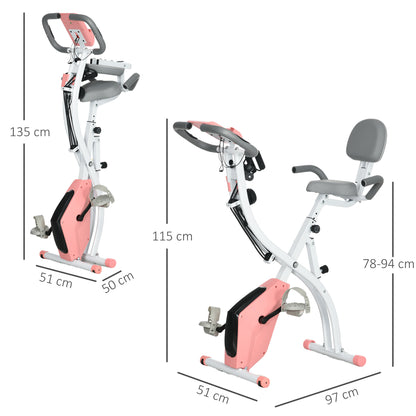 HOMCOM Bicicleta Estática Dobrável com Altura e Resistência Ajustáveis com Tela LCD e Assento com Encosto 51x97x115 cm Rosa