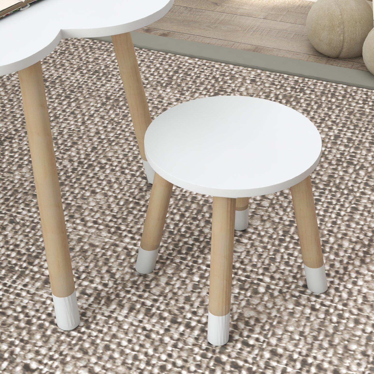 ZONEKIZ Conjunto de Mesa e 2 Cadeira para Crianças Mesa com Cadeiras para Crianças de 2-5 Anos Mesa com Forma de Flor Ø59x50 cm e Cadeiras Ø28x26 cm para Dormitório Sala de Estar Branco