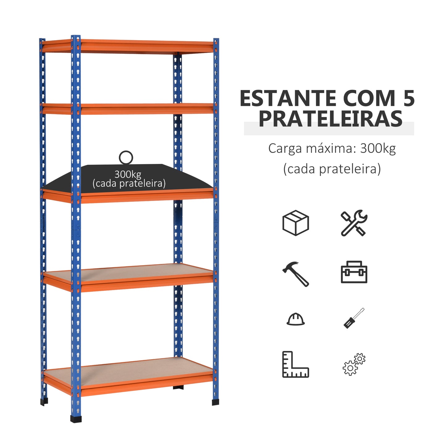 HOMCOM Estante Metálica de Armazenamento 80x40x182cm com 5 Prateleiras Altura Ajustável Carga Máxima por Prateleira 300kg para Armazenamento Garagem Oficina Azul e Laranja