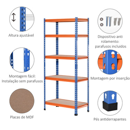 HOMCOM Estante Metálica de Armazenamento 80x40x182cm com 5 Prateleiras Altura Ajustável Carga Máxima por Prateleira 300kg para Armazenamento Garagem Oficina Azul e Laranja