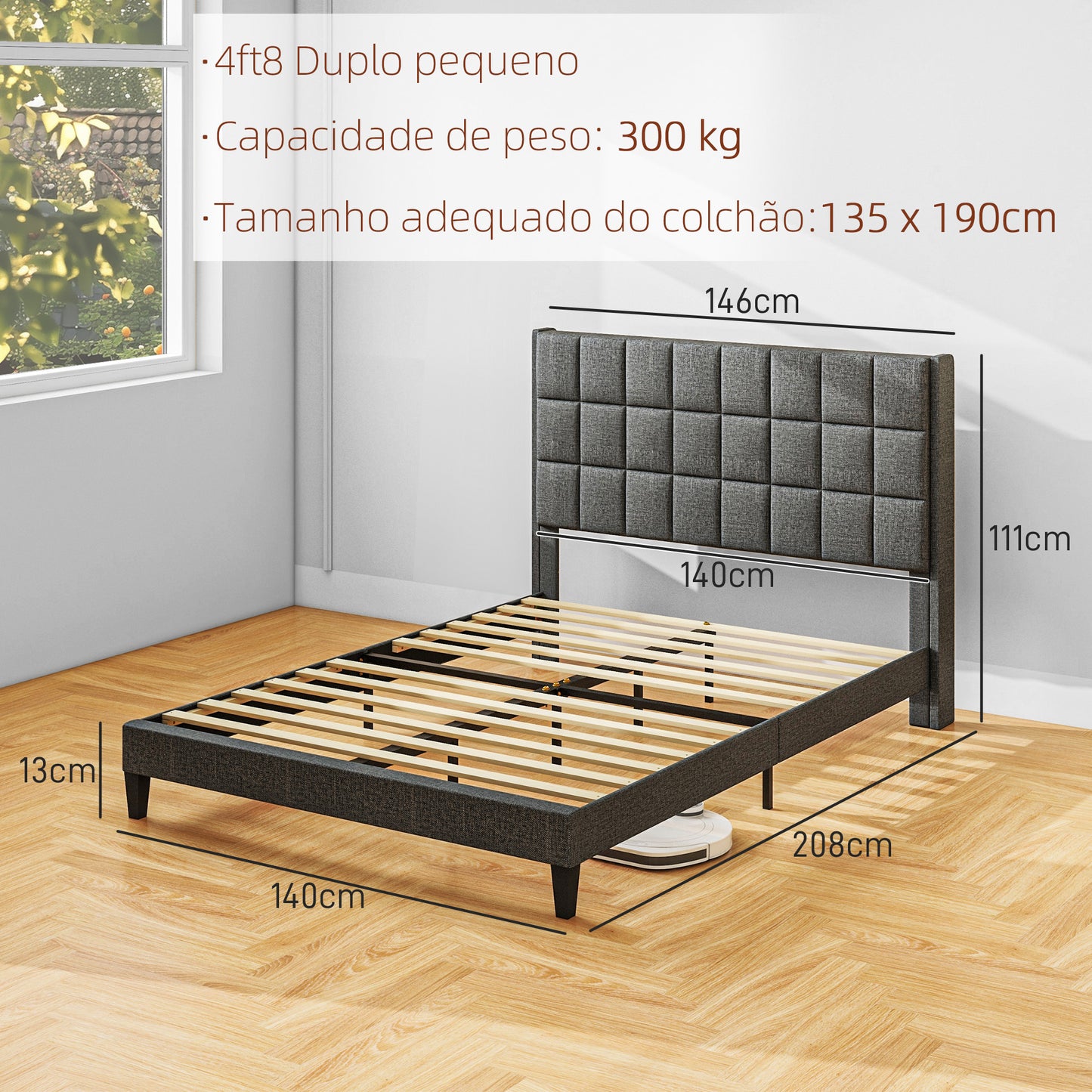 HOMCOM Cama 135x190 cm Estrutura de Cama com Cabeceira Estofada em Linho e Espaço de Armazenamento Debaixo da Cama Carga 300 kg Cinza