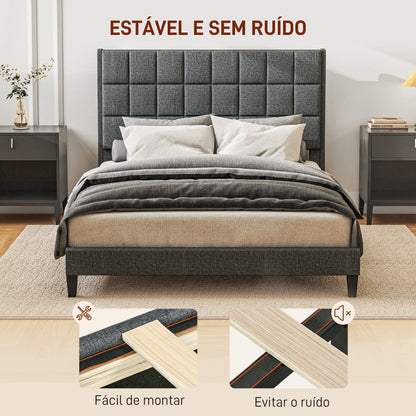 HOMCOM Cama 135x190 cm Estrutura de Cama com Cabeceira Estofada em Linho e Espaço de Armazenamento Debaixo da Cama Carga 300 kg Cinza