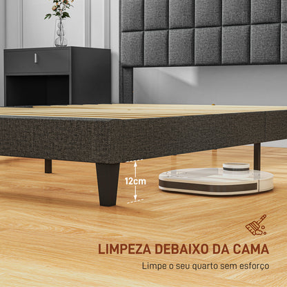 HOMCOM Cama 135x190 cm Estrutura de Cama com Cabeceira Estofada em Linho e Espaço de Armazenamento Debaixo da Cama Carga 300 kg Cinza