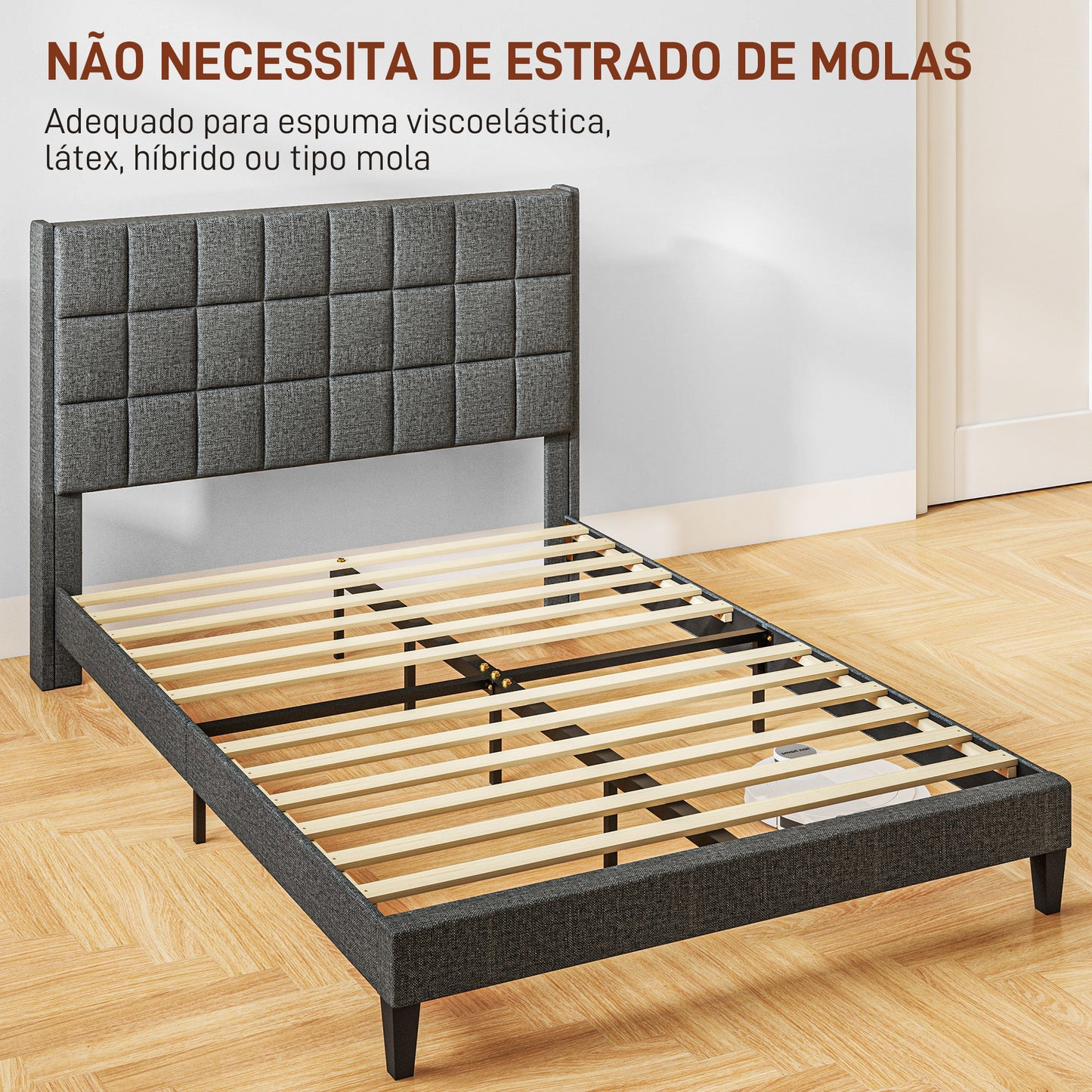 HOMCOM Cama 135x190 cm Estrutura de Cama com Cabeceira Estofada em Linho e Espaço de Armazenamento Debaixo da Cama Carga 300 kg Cinza