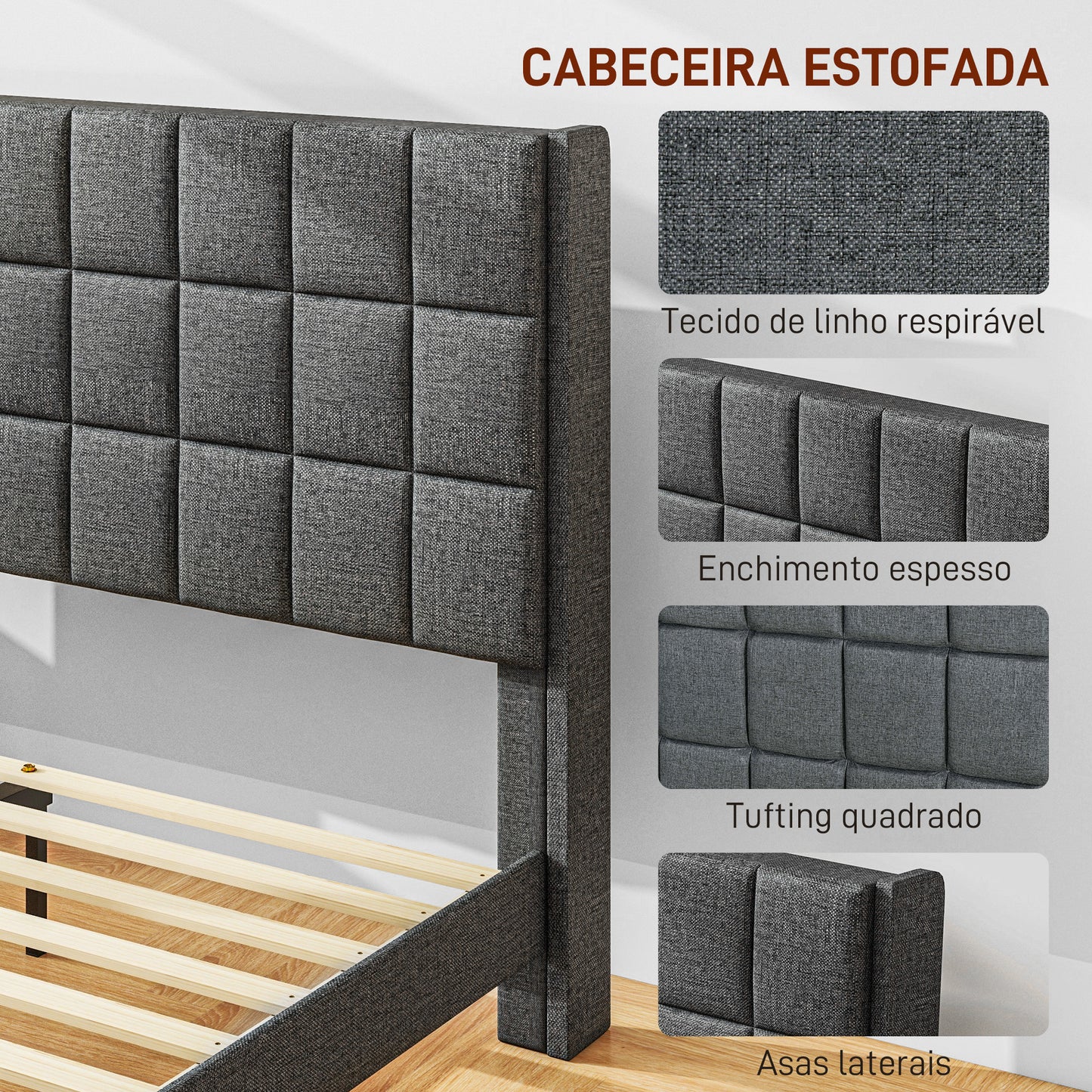 HOMCOM Cama 135x190 cm Estrutura de Cama com Cabeceira Estofada em Linho e Espaço de Armazenamento Debaixo da Cama Carga 300 kg Cinza