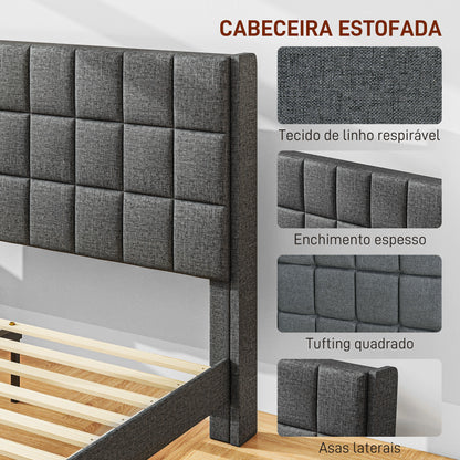 HOMCOM Cama 135x190 cm Estrutura de Cama com Cabeceira Estofada em Linho e Espaço de Armazenamento Debaixo da Cama Carga 300 kg Cinza