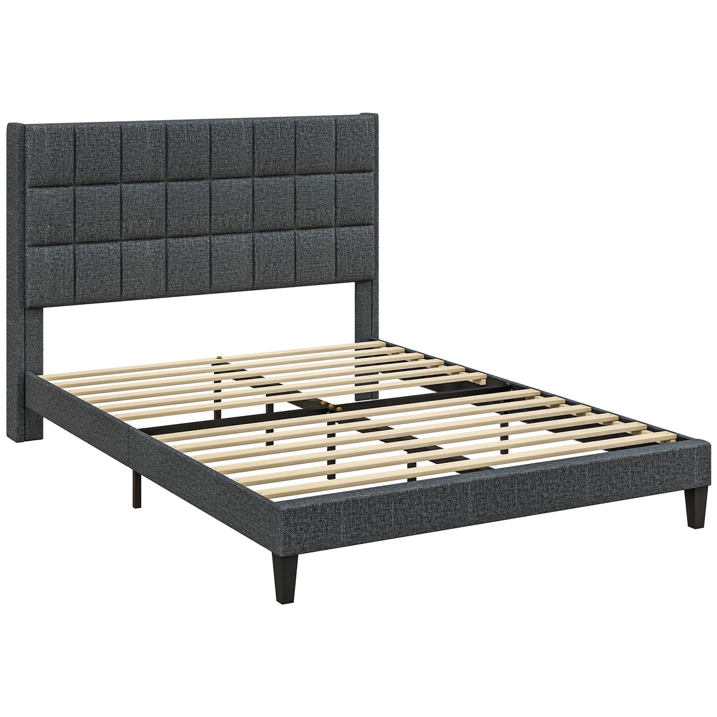 HOMCOM Cama 135x190 cm Estrutura de Cama com Cabeceira Estofada em Linho e Espaço de Armazenamento Debaixo da Cama Carga 300 kg Cinza