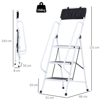 HOMCOM Escada Dobrável com 3 Degraus Escada de Metal com Apoio para os Braços e Suporte para Ferramentas Carga Máxima 150 kg 51x66x131 cm Branco e Preto