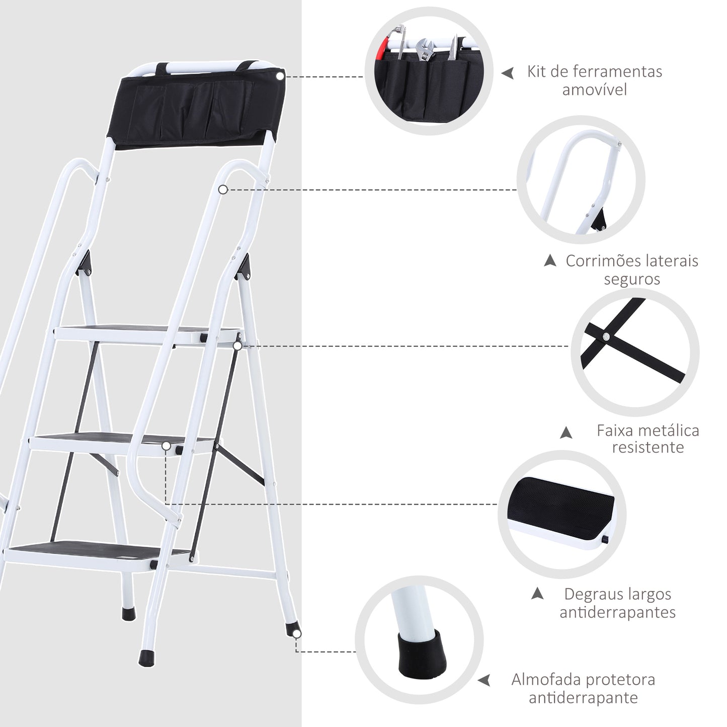 HOMCOM Escada Dobrável com 3 Degraus Escada de Metal com Apoio para os Braços e Suporte para Ferramentas Carga Máxima 150 kg 51x66x131 cm Branco e Preto