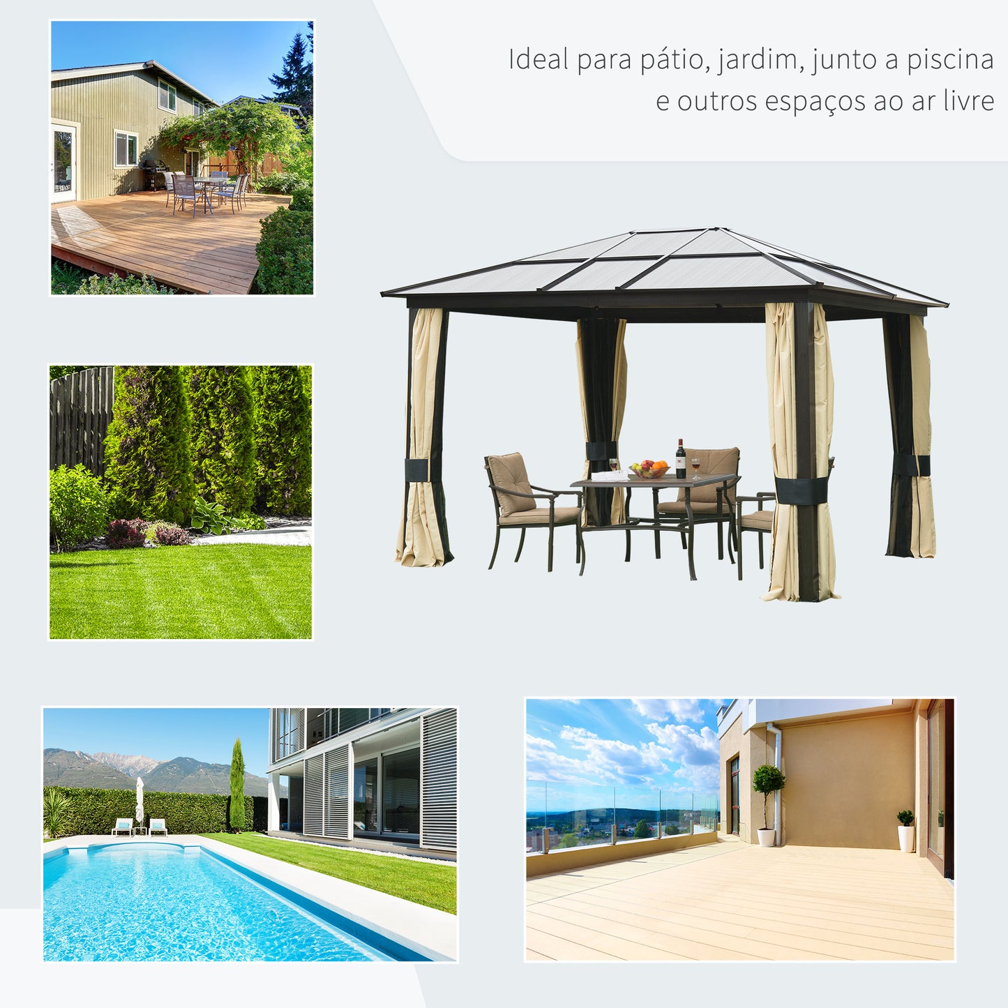 Outsunny Pérgola para Jardim 3x3,6m Pérgola para Exterior Anti UV Teto de Policarbonato e Mosquiteira Integrada Bege e Marrom