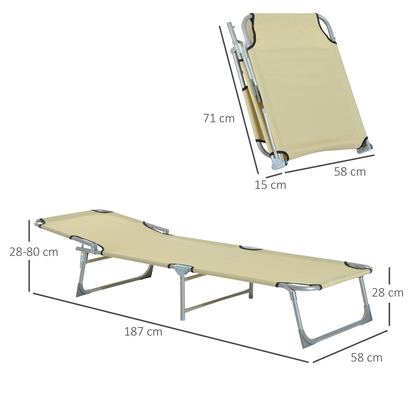 Outsunny Espreguiçadeira Dobrável e Reclinável em 4 Posições Espreguiçadeira de Campismo com Estrutura Metálica e Tecido Oxford para Exterior 187x58x28 cm Bege