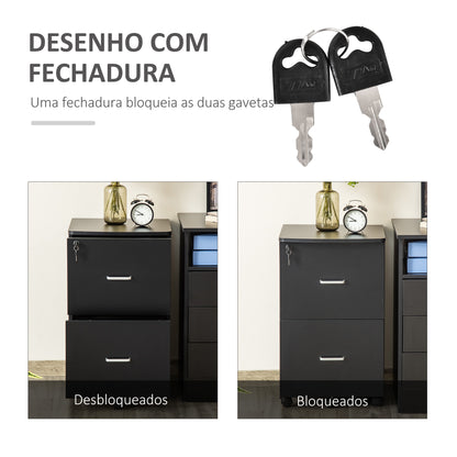 Vinsetto Bloco de Gavetas de Escritório Móvel Auxiliar para Arquivos com 2 Gavetas Fechadura 2 Chaves 5 Rodas e 2 Freios para Estúdio Escritório Dormitório 43x45x72cm Preto